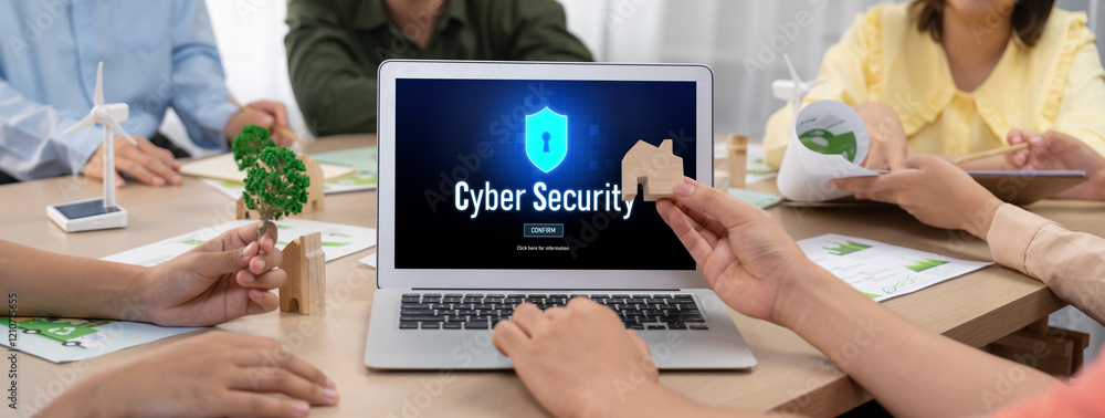Poster cyber security system on computer screen protect private information brisk from hacker and cyber att
