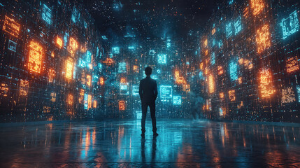 Businessman silhouette standing before futuristic digital interface wall with glowing blue and orange data visualizations reflecting on floor, symbolizing technological innovation