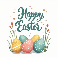 Easter greeting card featuring Happy Easter text, colorful decorated eggs, tulips, and floral accents on a light background