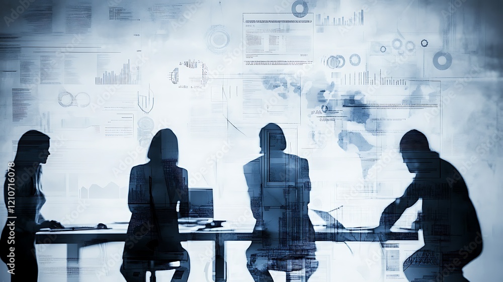 Poster a stylized image depicts four business professionals in silhouette collaborating around a table amid