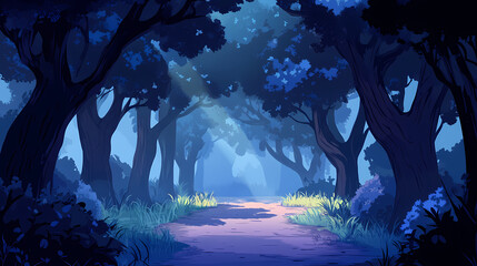 Dark forest path lined with ancient trees, shadowy depths, eerie ambiance. Ancient Forest. Illustration