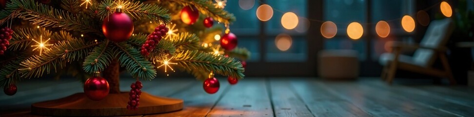 Fototapeta premium Christmas tree with ornaments and red berries lit up by warm LED lights, led lights, wooden base, festive colors