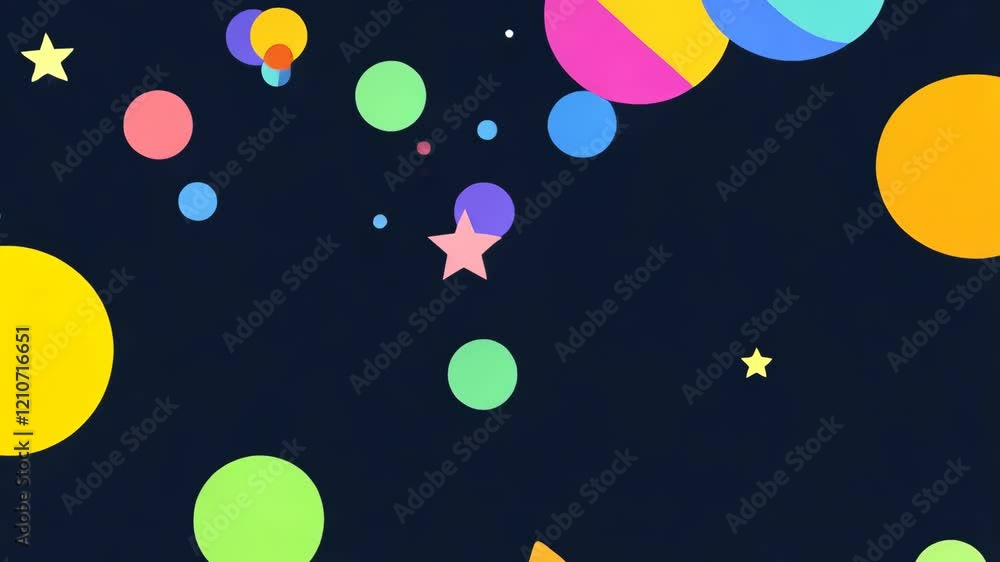 Poster colorful abstract shapes floating in a dark background, creating a playful visual experience at nigh