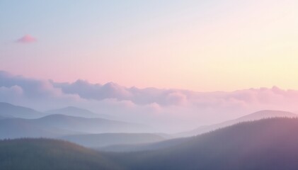 Fototapeta premium Pastel rainbow colored misty cloudy landscape with hills, fluffy, peaceful