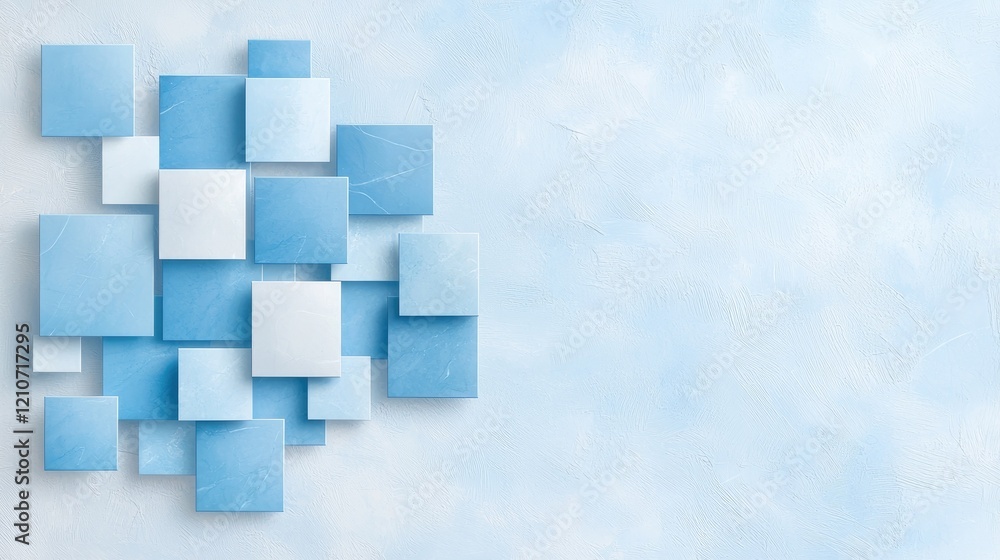 Poster blue and white square pattern on light blue background; abstract design for website or presentation