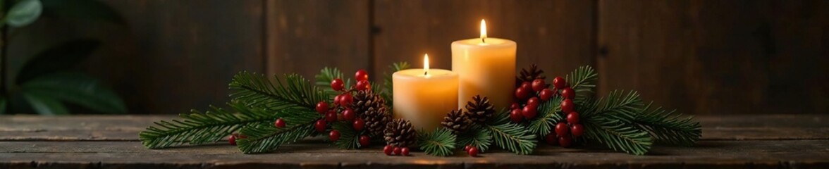 Candle and evergreen branch arrangement on a wooden table, holiday, centerpiece, glowing