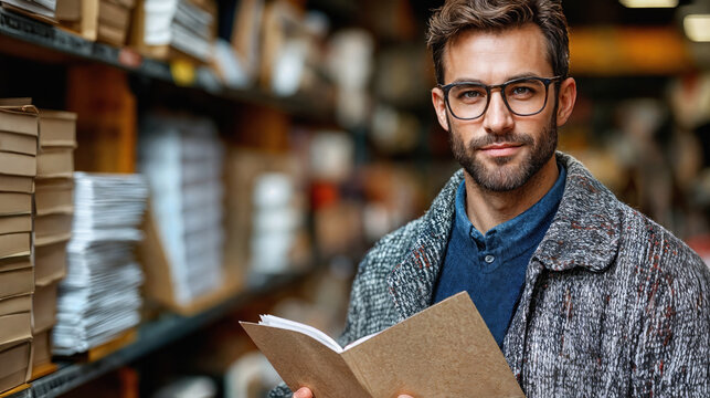 Fashionable young intellectual browsing books in library setting. Modern professional with glasses and beard in trendy cardigan exploring literature collection. Contemporary reader portrait.