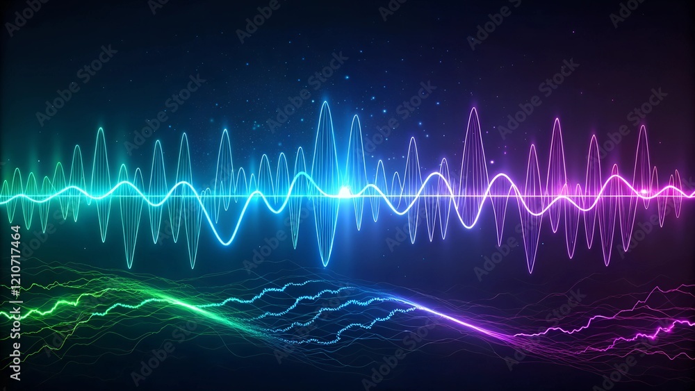 Poster this image presents a visually striking representation of sound or digital waves.