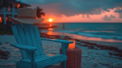 Relaxing sunset view from a beach chair with a candle and straw hat in a tropical paradise