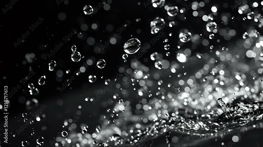 Poster dramatic black and white macro photography of water drops splashing and floating in air, creating an