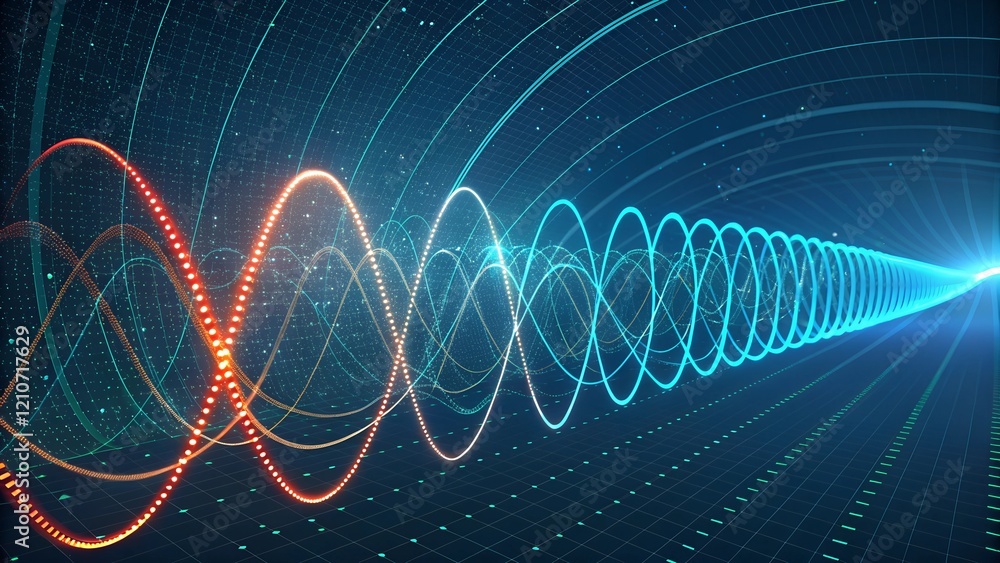 Poster this image presents an abstract, futuristic scene of intersecting waves of light,