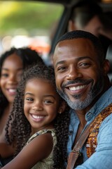 Fototapeta premium A father-daughter duo sitting together in a vehicle, possibly on a road trip or going for an outing