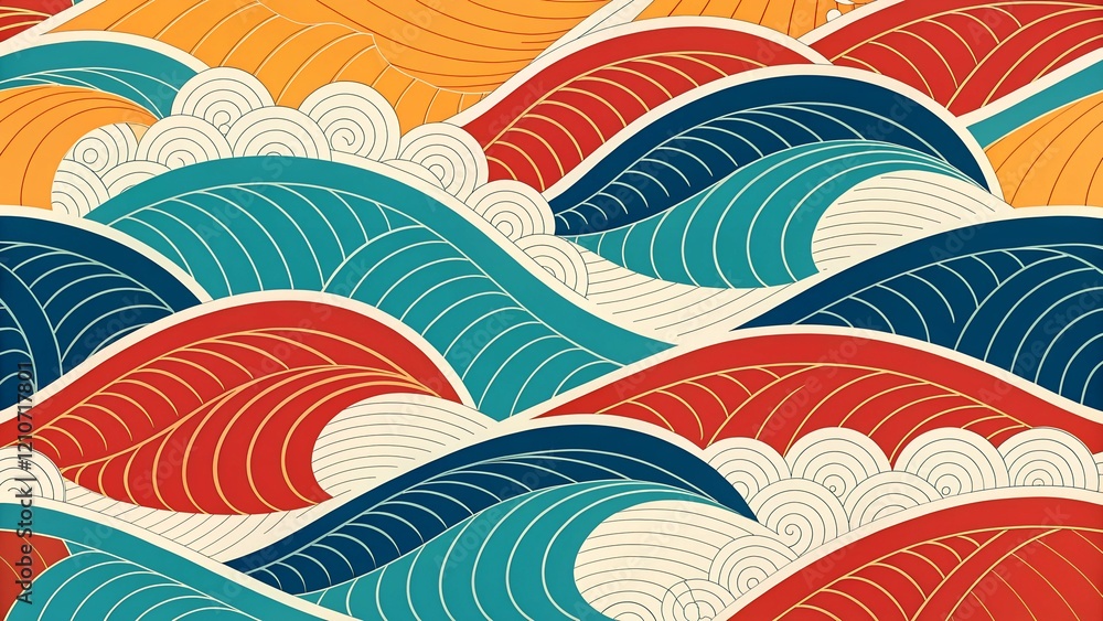 Poster this image presents a vibrant and stylized repeating pattern of abstract waves.