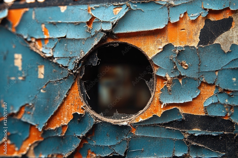 Aufkleber a hole in the side of a blue and orange colored wall, suitable for use as a background or for adding