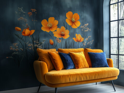 Duża ż&oacute;łta sofa i poduszki w salonie, tapeta na ścianie w kwiaty