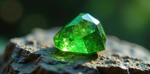 Green peridot specimen with inclusions on rough stone surface, stone, peridot, mineral