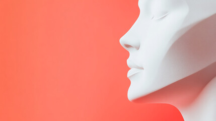 Elegant white mannequin head against a vibrant coral backdrop showcasing minimalist design and modern aesthetics