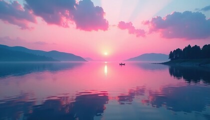 Fototapeta premium Soft pink hues dance across the lake's calm surface as morning breaks, water, sunrise