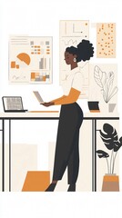 A businesswoman analyzes data and charts on her laptop and tablet in a modern office space, focused on business growth and strategic planning.