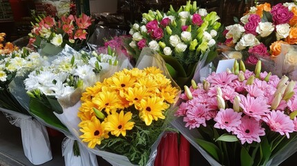 Colorful flower bouquets market stall display