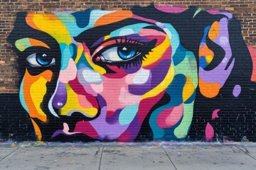 A striking urban mural featuring a colorful, abstract face is displayed on a brick wall