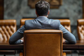 Businessman seated in conference room, rear view.