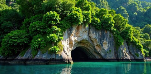 Lush green cliff with epiphytes growing on its surface, tropical, rock, greenery