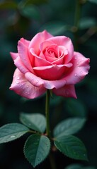 Obraz premium A closeup of a pink rose blooming in water droplets, droplets, petals