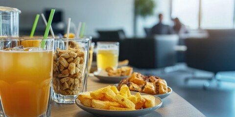 A table set with various plates of food and drinks, ideal for party or event use