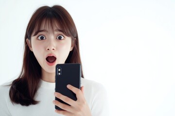 Fototapeta premium A woman is surprised while looking at her cell phone