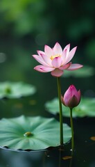 Obraz premium Delicate lotus flower blooms in a serene pond environment, calm, ripples, nature