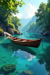 Boat partially submerged in the river's calm waters, submerged, watery, pool
