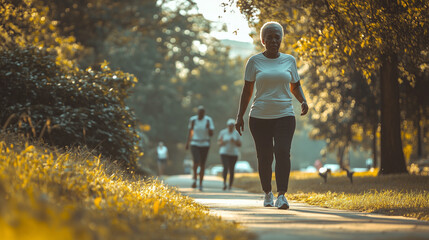 Aging black african american woman, walking on a walking trail, exercise outdoors, some other people in background. Elderly black woman in good health, walking or jogging outdoors. Senior black woman.