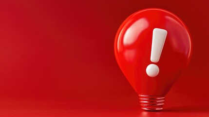 Red lightbulb with exclamation mark, idea, alert, red background, warning concept