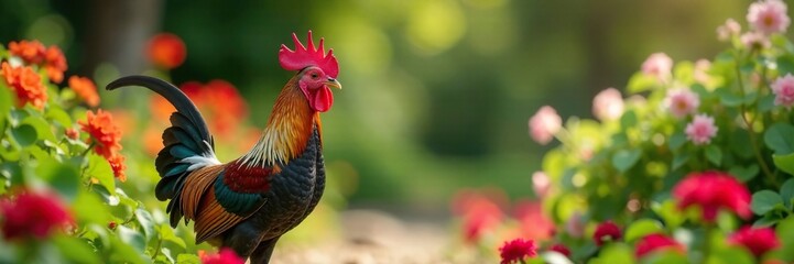 Cabeza y cuello de pavo real en una mesa de jard?n con flores frescas, flor, jard?n, cuello