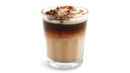 Iced coffee drink, whipped cream, cocoa, studio shot, beverage menu