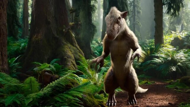 Dinosaur Explores Lush Forest During a Sunny Day in a Prehistoric Landscape Filled With Ancient Ferns and Tall Trees