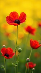 Fototapeta premium Field of scarlet globemallow flowers with yellow background, flower, bloom