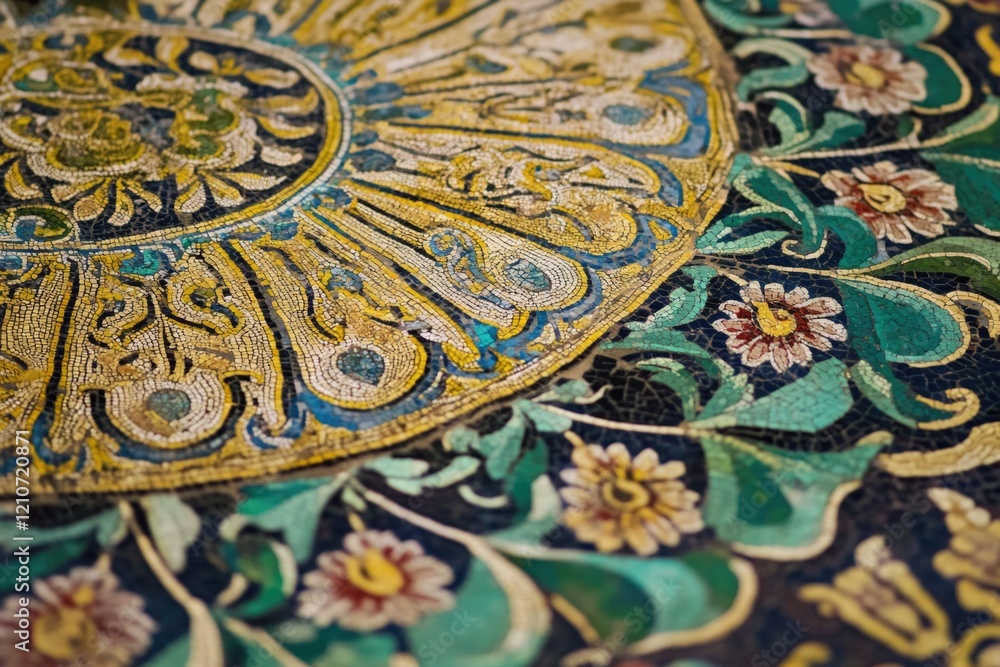 Poster a close-up shot of a tablecloth featuring a circular pattern, suitable for use in illustrations or d