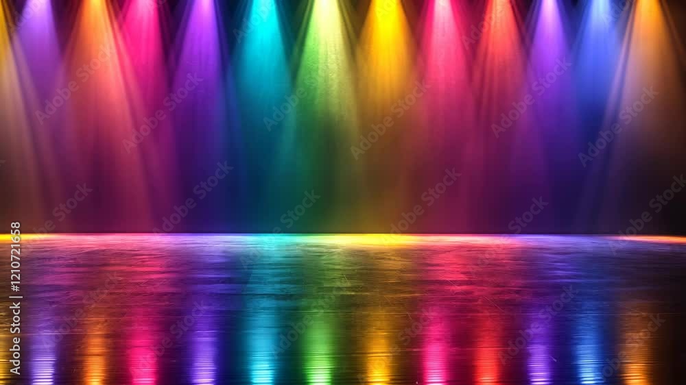 Poster colorful light display illuminates a reflective surface in a vibrant performance space