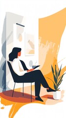 Fototapeta premium Woman enjoying a quiet moment with coffee in a stylish, modern interior. Perfect for lifestyle, home decor, and relaxation themes.