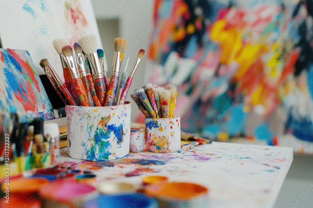 Poster a collection of paintbrushes arranged neatly on a table, ideal for artistic or crafting use