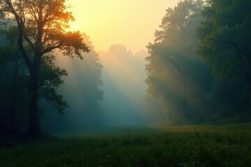 Fototapeta premium Misty dawn forest landscape with fog rolling through trees, nature, sunlight