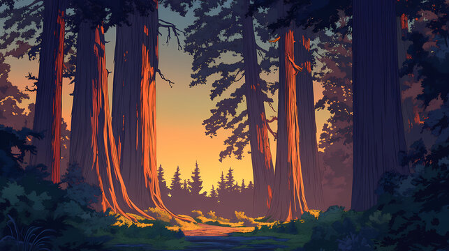 Serene view of moss covered ancient redwood forest at sunset. Ancient Forest. Illustration
