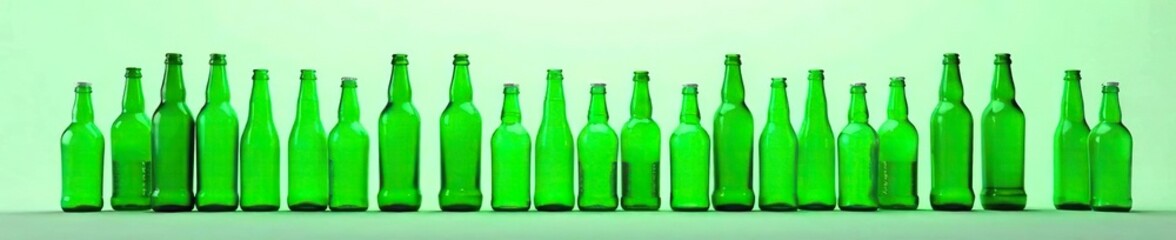 Empty green glass bottles stacked horizontally on the ground, plain, green glass