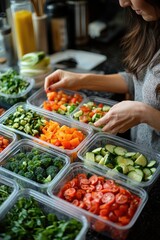 Obraz premium A woman preparing fresh vegetables for storage in plastic containers