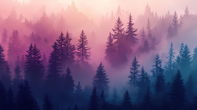 Wide-angle mist covered ancient forest landscape. Ancient Forest. Illustration