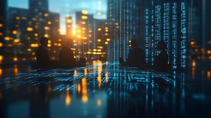 Businessmen meeting at night, digital data overlay.