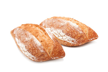 Freshly baked loaf of bread isolated on white background. Homemade bakery products.