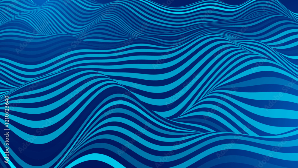 Poster blue wavy lines summer ocean sea waves pattern. simple vector abstract liquid stripes background. fu